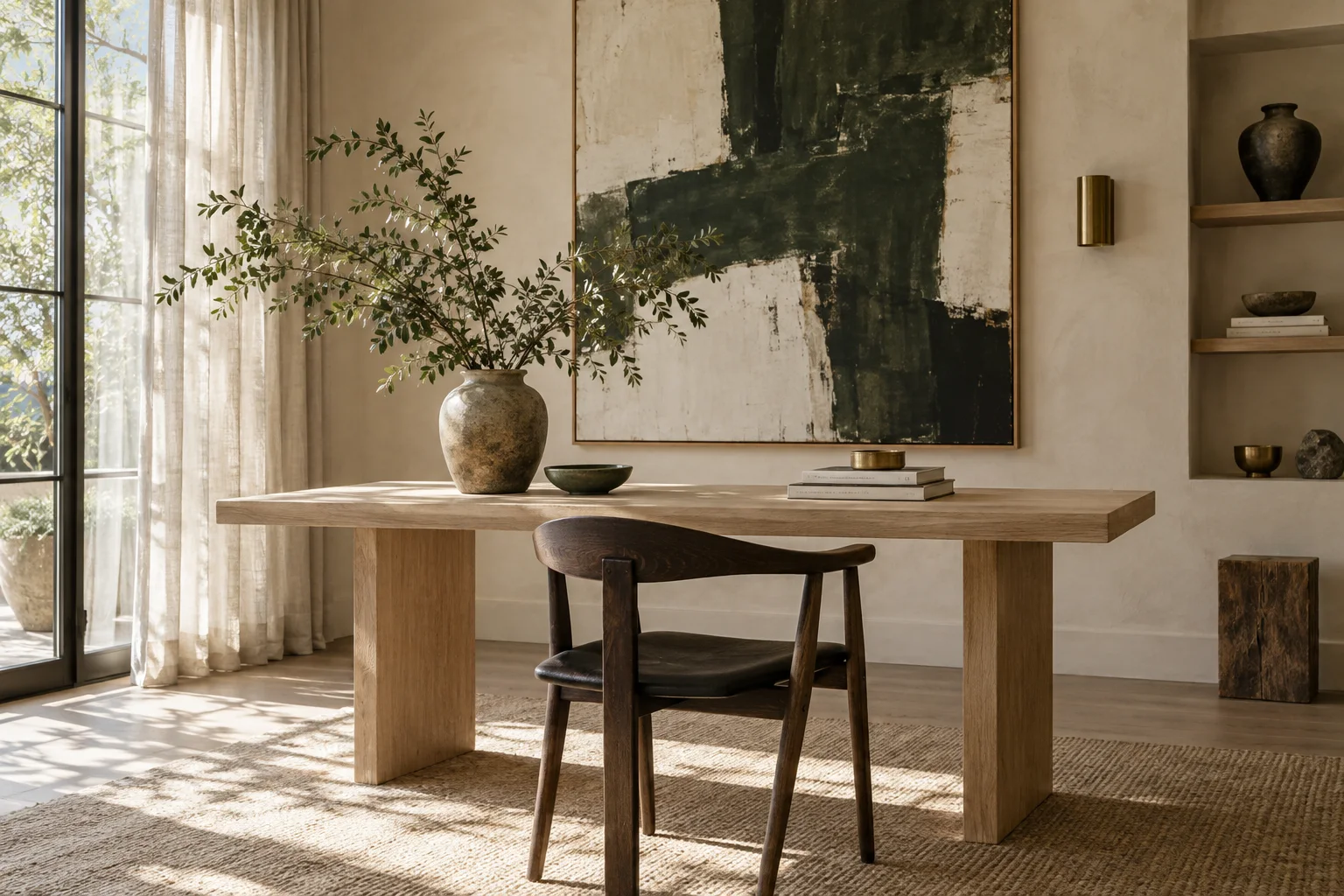 A sunlit creative studio with a timber worktable and large city windows